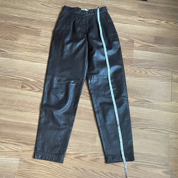 Melanzona High-Waisted Pleated Genuine Leather Trousers in Dark Brown Sz 4